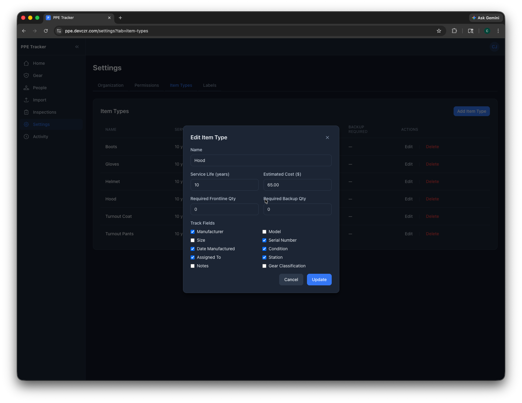 PPE Tracker settings showing customizable gear type fields including manufacturer, size, serial number, and condition tracking